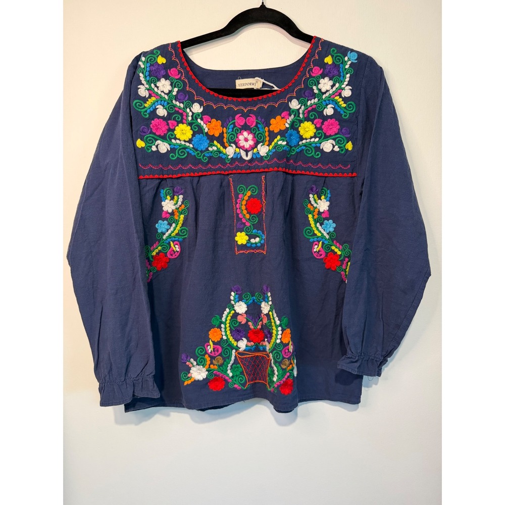 YZXDORWJ Navy Blue Embroidered Floral Peasant Blouse Boho Cotton Top Medium